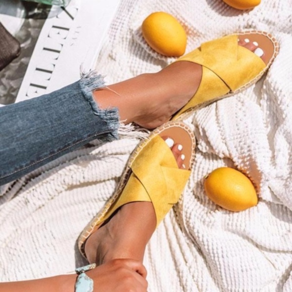 Vegan Suede Casual Straw Sandals Slides - Picture 1 of 5